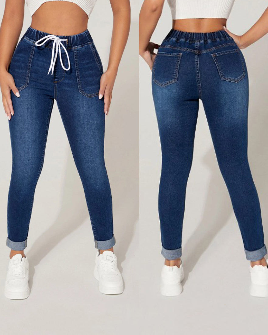 Drawstring Elastic Waist High Stretch Cropped Jeans