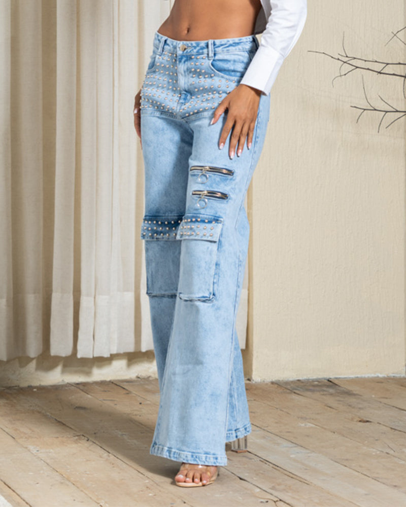 Beaded Big Pocket Baggy Jeans