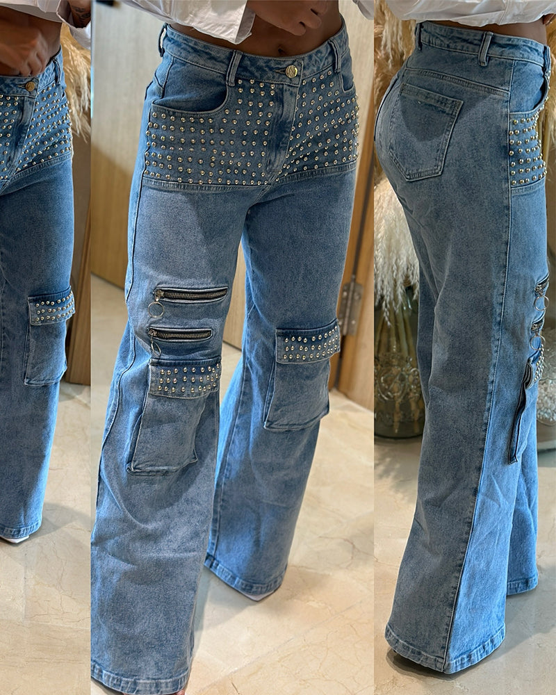 Beaded Big Pocket Baggy Jeans