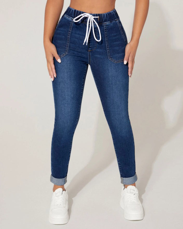 Drawstring Elastic Waist High Stretch Cropped Jeans